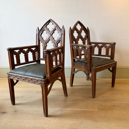Pair of Regency Period Gothic Revival Oak Armchairs, Circa 1820