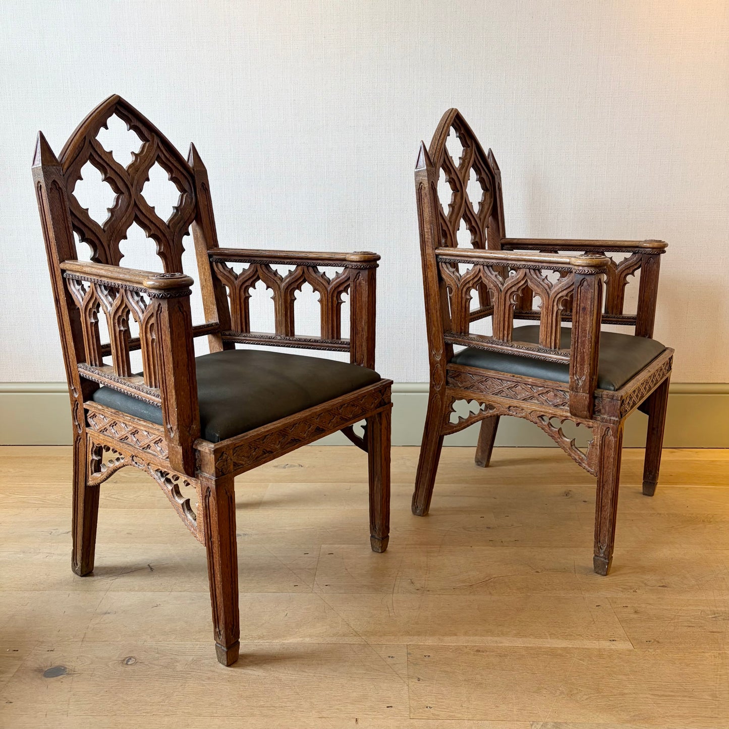 Pair of Regency Period Gothic Revival Oak Armchairs, Circa 1820
