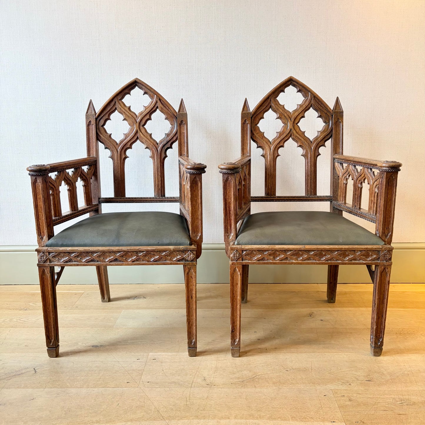 Pair of Regency Period Gothic Revival Oak Armchairs, Circa 1820