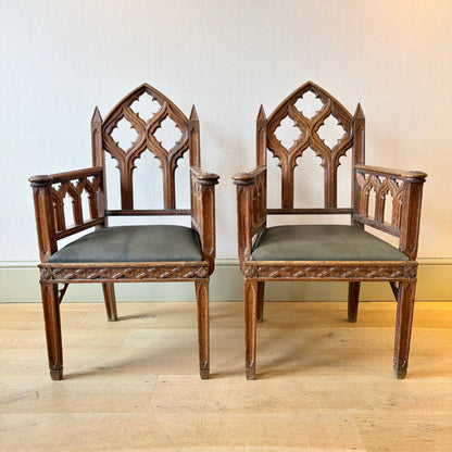 Pair of Regency Period Gothic Revival Oak Armchairs, Circa 1820
