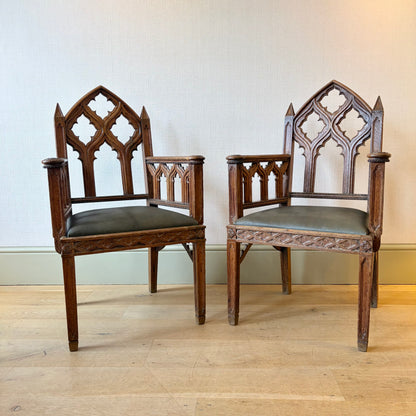 Pair of Regency Period Gothic Revival Oak Armchairs, Circa 1820