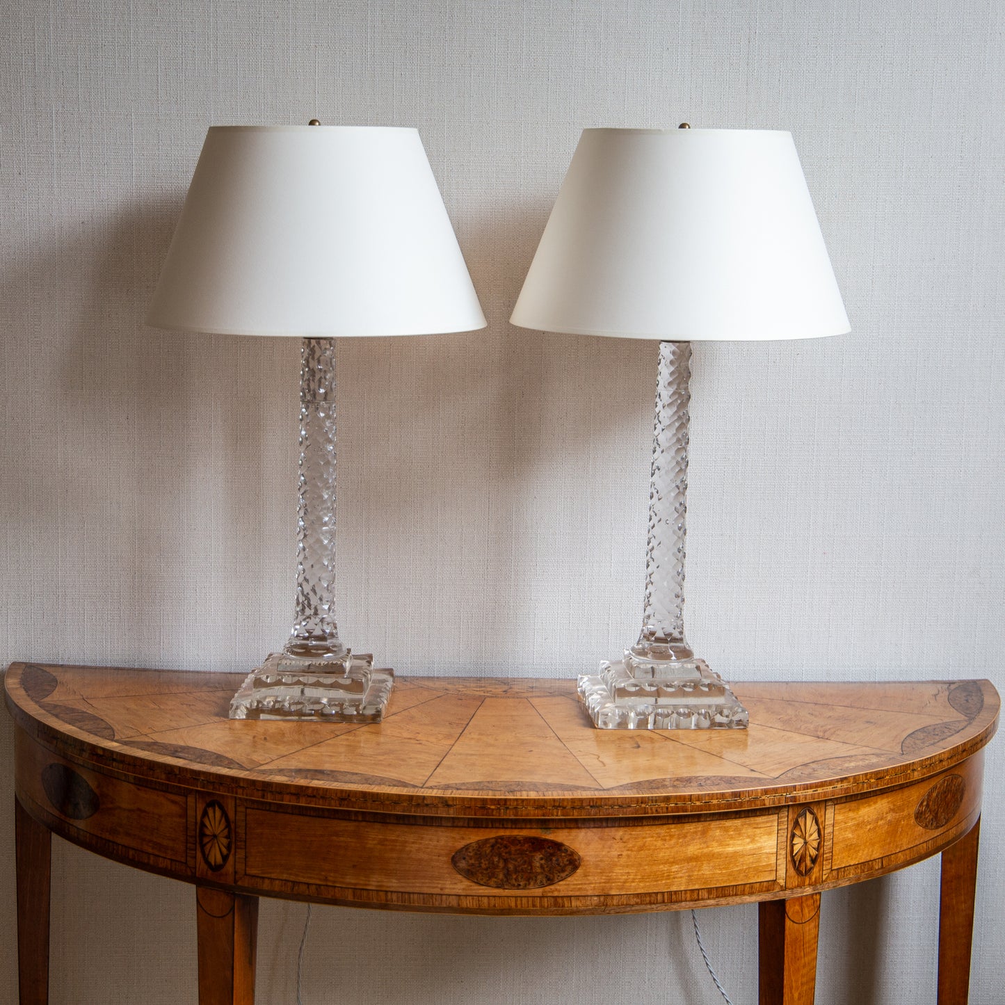 Pair of Clear Cut Glass Columned Lamps