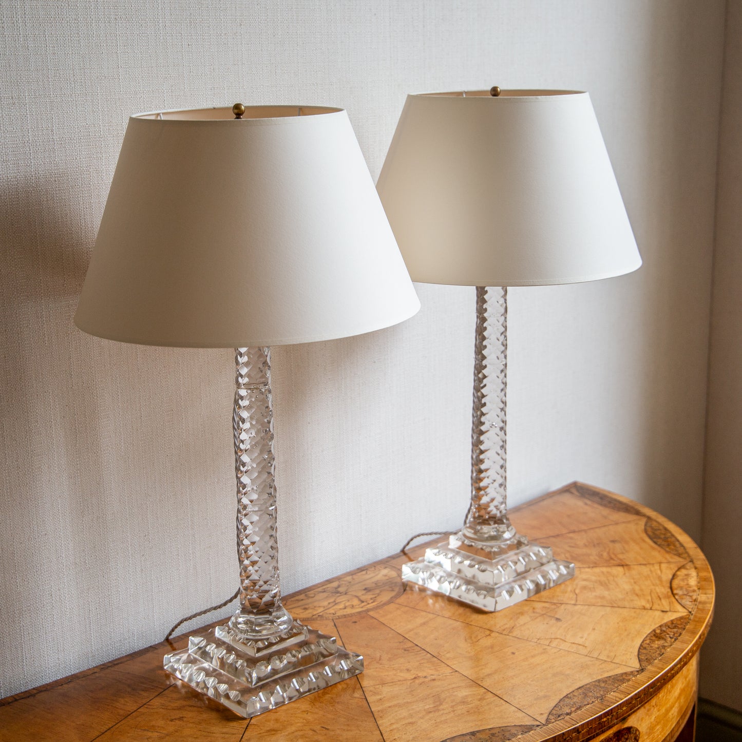 Pair of Clear Cut Glass Columned Lamps