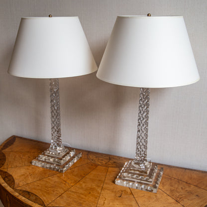 Pair of Clear Cut Glass Columned Lamps