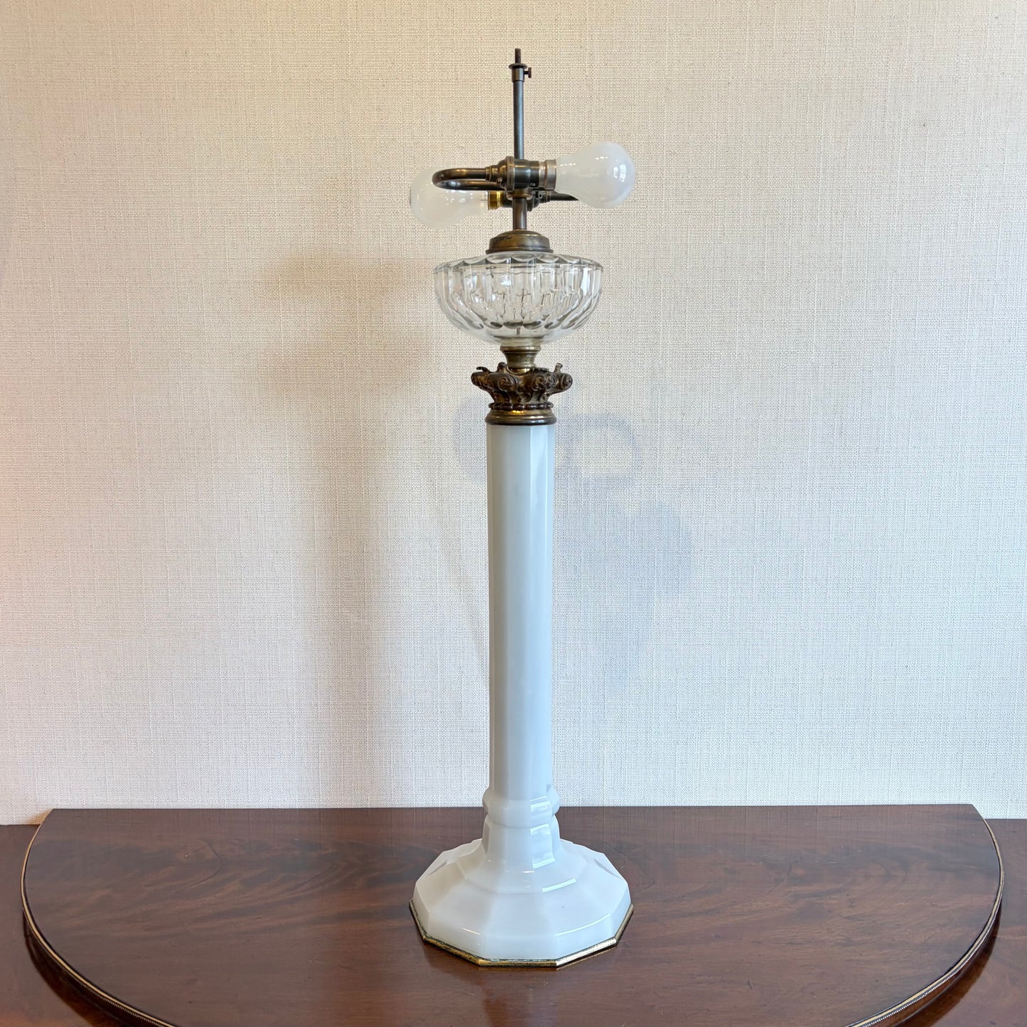 Unusually Large Opaline Glass Column Lamp with Gilt Brass Mounts, c.1900