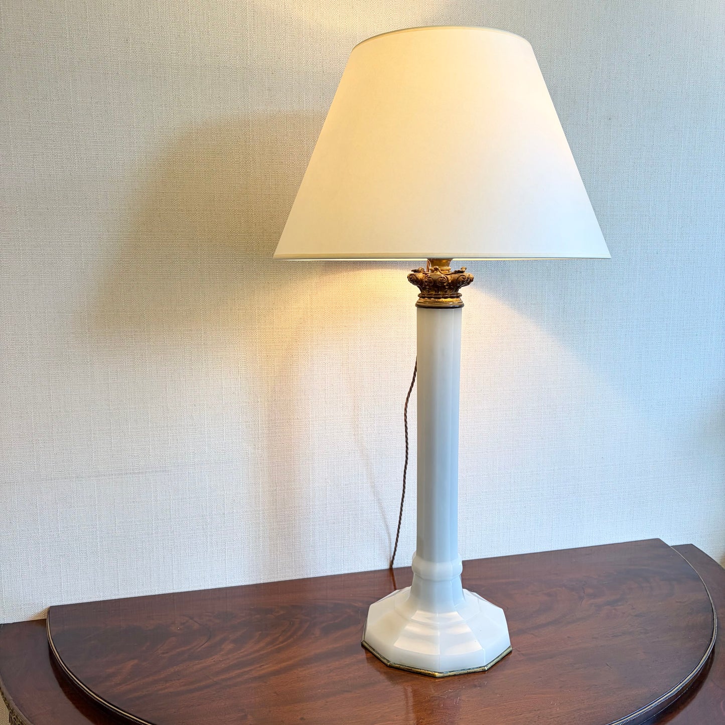 Unusually Large Opaline Glass Column Lamp with Gilt Brass Mounts, c.1900