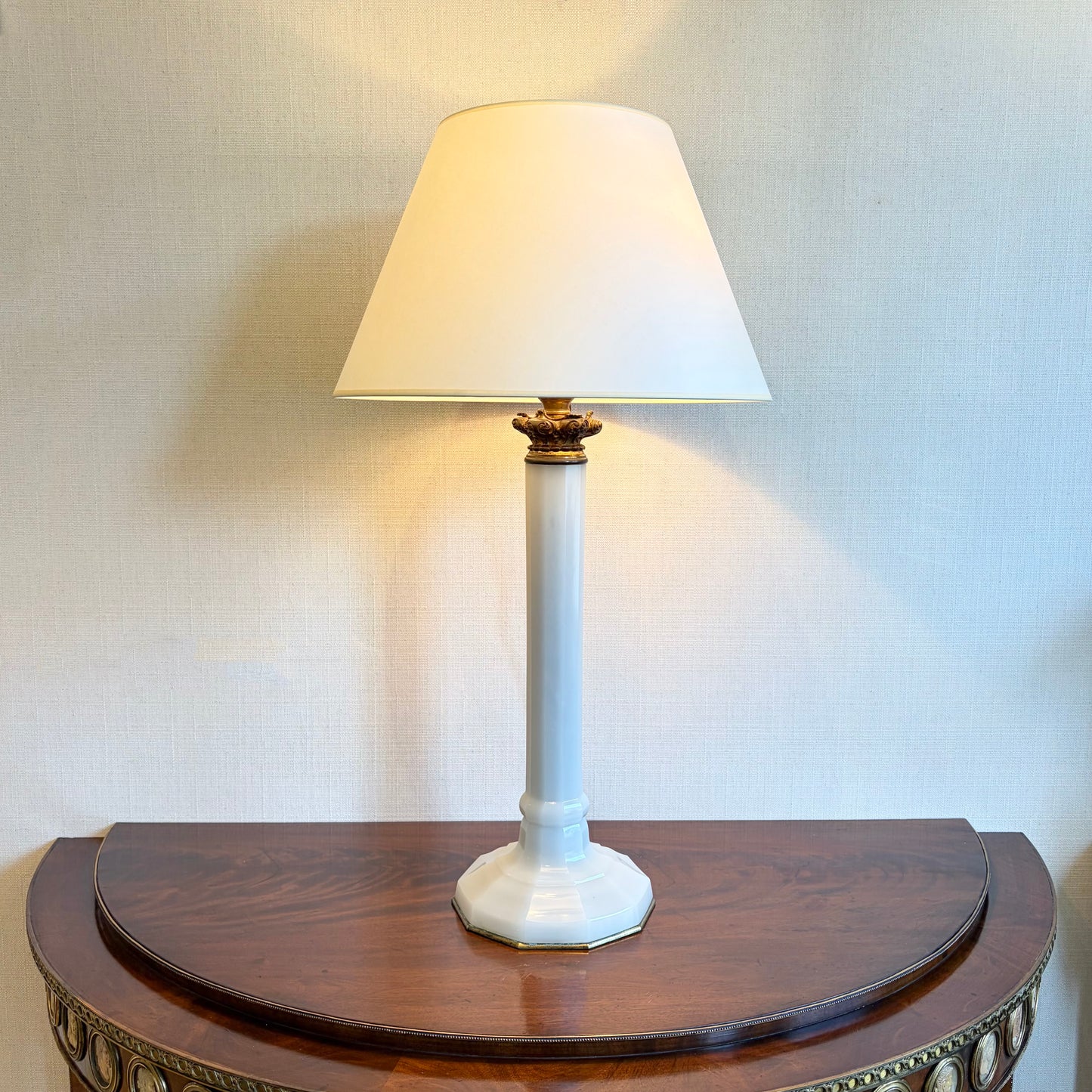 Unusually Large Opaline Glass Column Lamp with Gilt Brass Mounts, c.1900