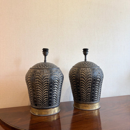 Pair of Embossed Metal Table Lamp Bases with Brass Detail