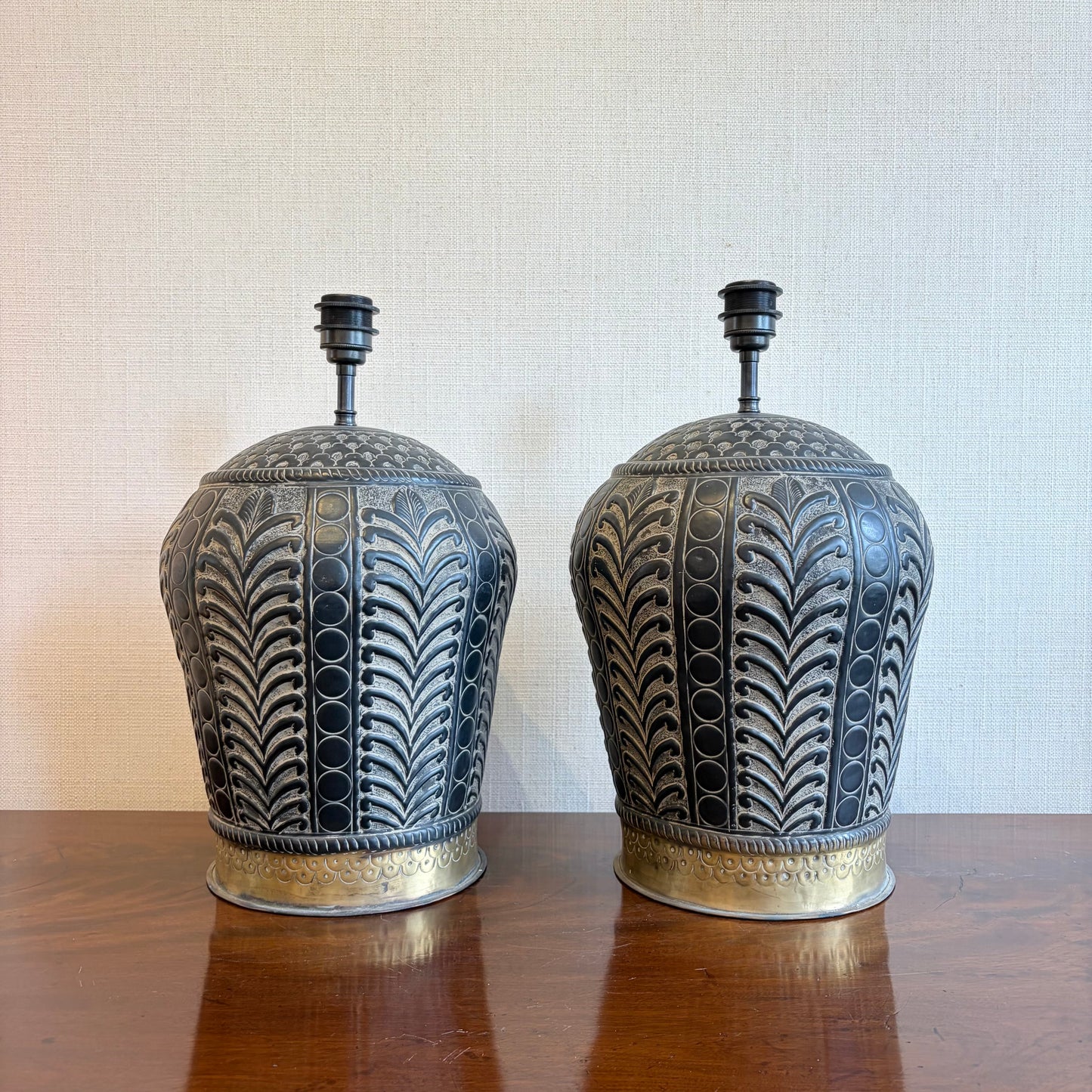 Pair of Embossed Metal Table Lamp Bases with Brass Detail