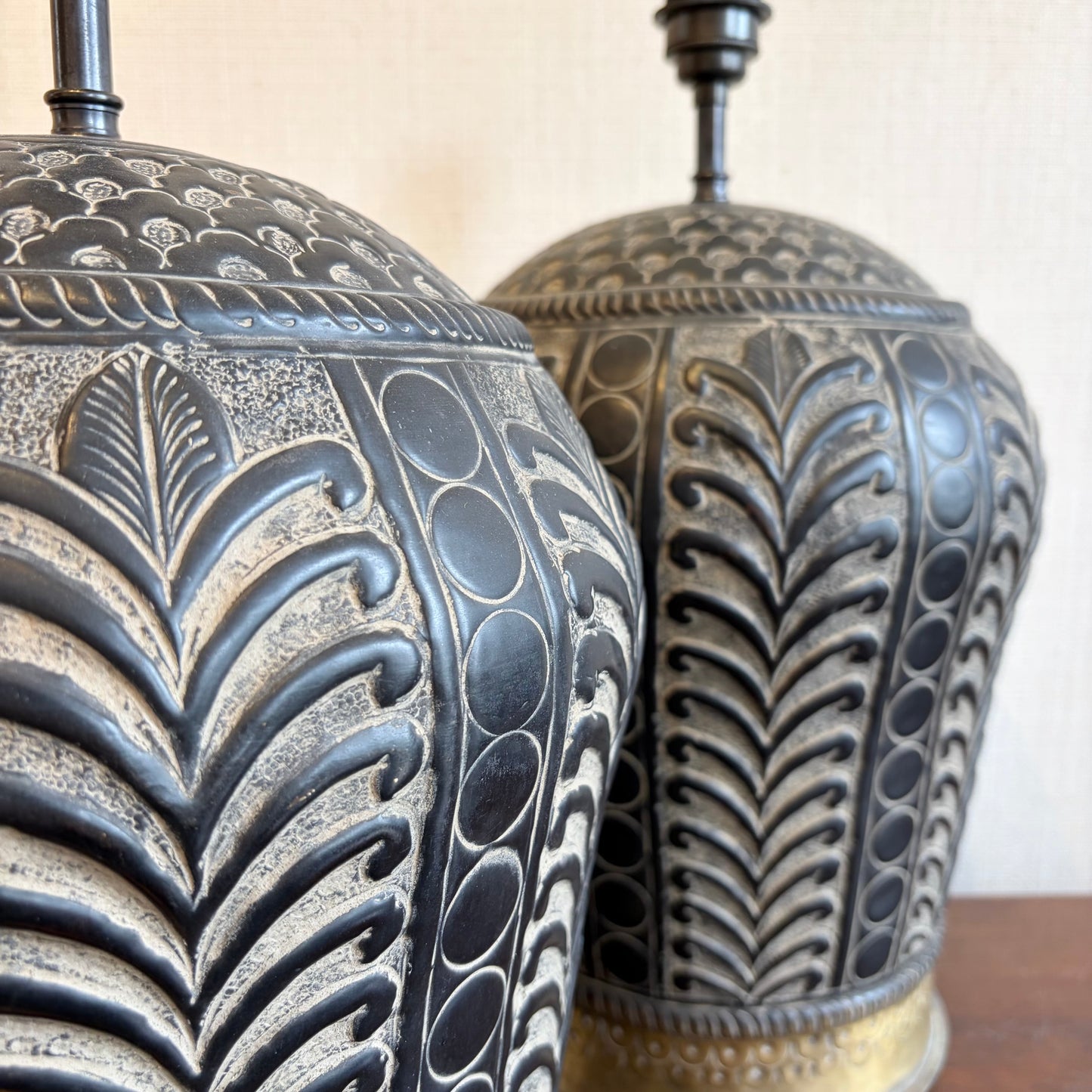 Pair of Embossed Metal Table Lamp Bases with Brass Detail