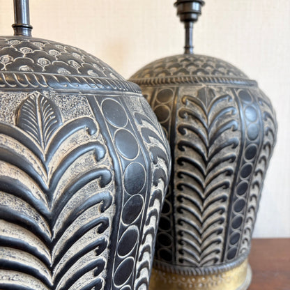 Pair of Embossed Metal Table Lamp Bases with Brass Detail