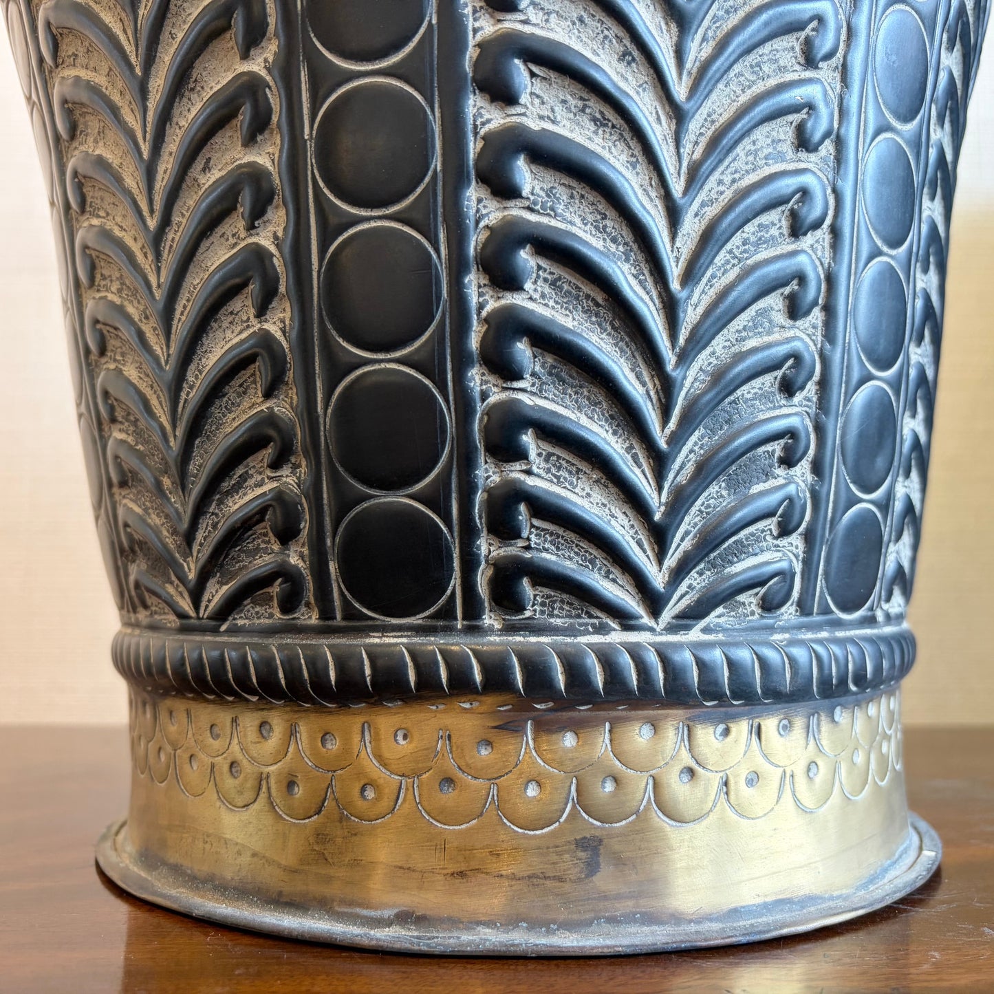 Pair of Embossed Metal Table Lamp Bases with Brass Detail