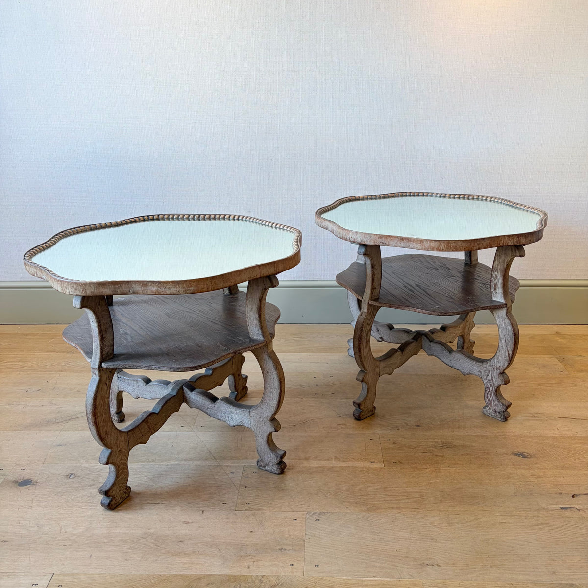 Pair of Limed Oak Mirrored Side Tables in the Manner of Sir Robert Lorimer, Early 20th Century