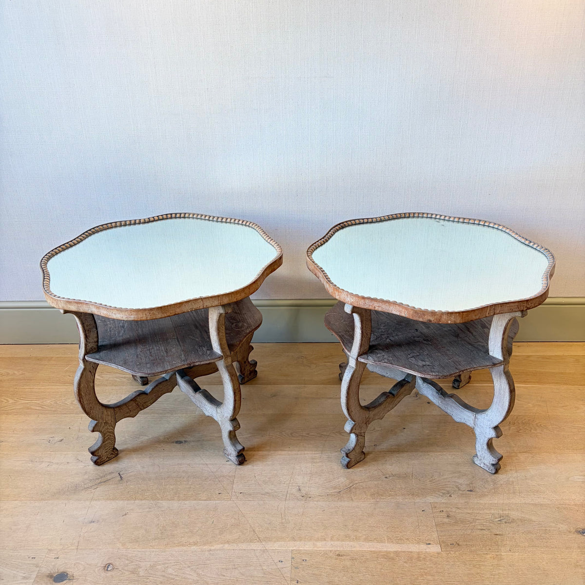 Pair of Limed Oak Mirrored Side Tables in the Manner of Sir Robert Lorimer, Early 20th Century