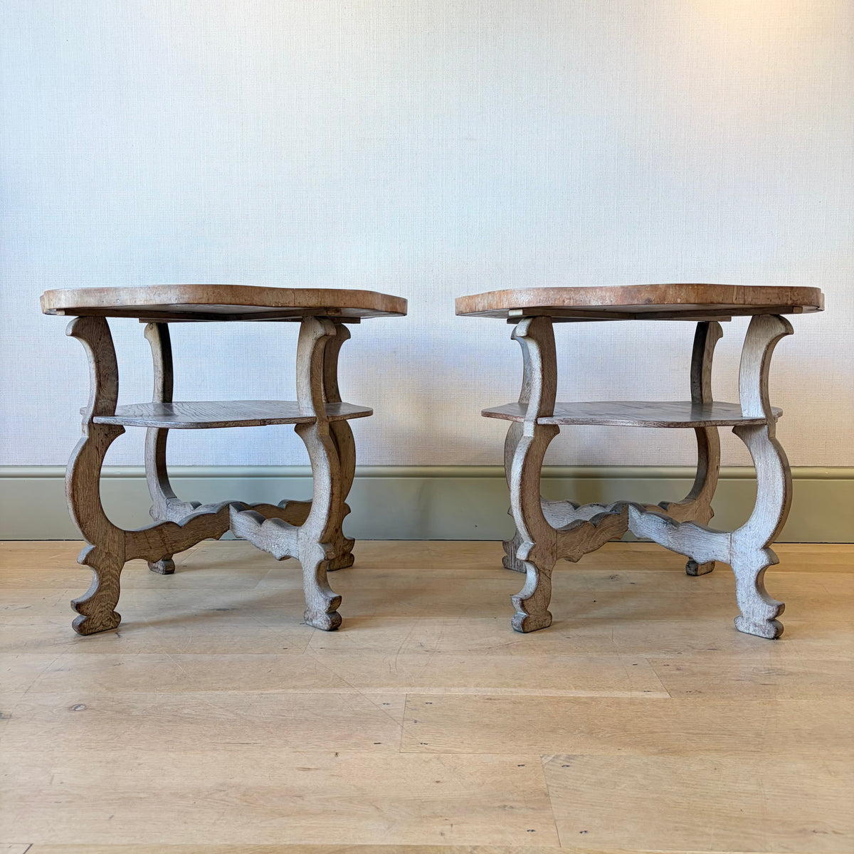 Pair of Limed Oak Mirrored Side Tables in the Manner of Sir Robert Lorimer, Early 20th Century