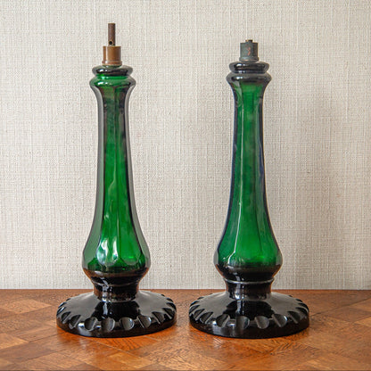 Pair of Green Glass Baluster Lamps