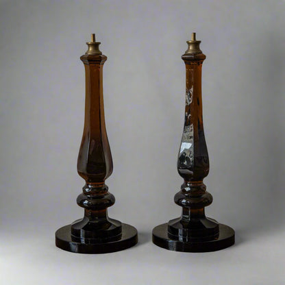 Pair of Cognac Glass Baluster Lamps