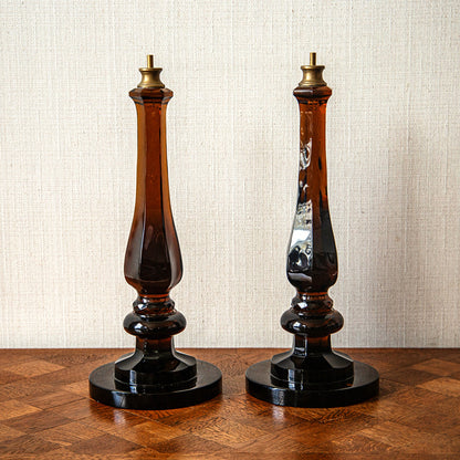 Pair of Cognac Glass Baluster Lamps