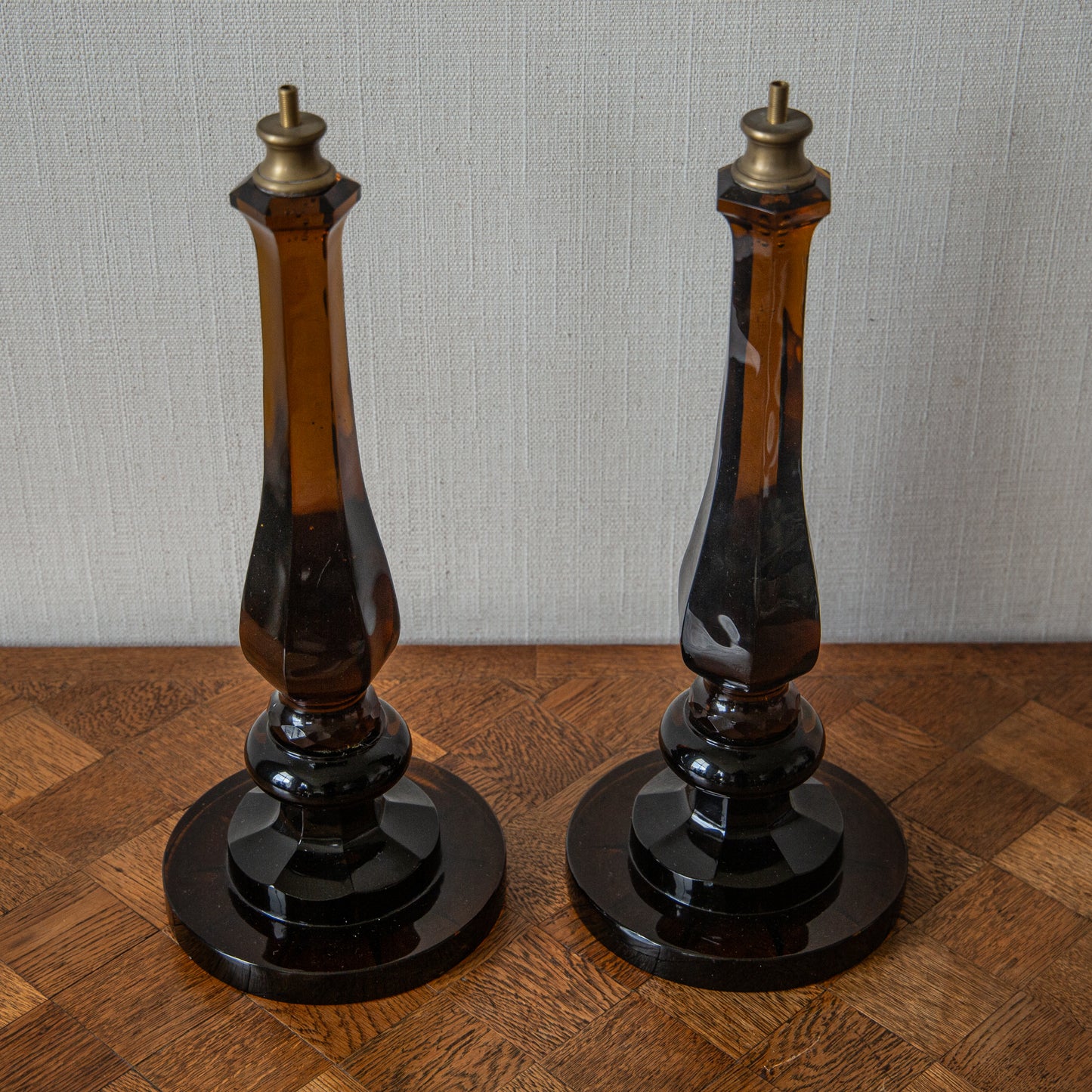 Pair of Cognac Glass Baluster Lamps