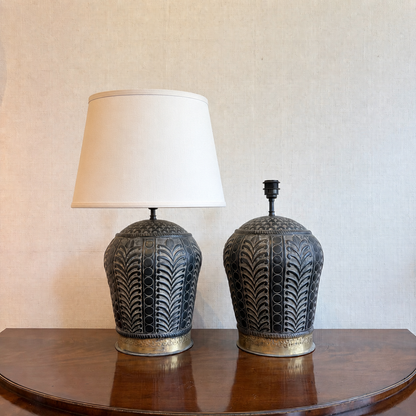 Pair of Embossed Metal Table Lamp Bases with Brass Detail
